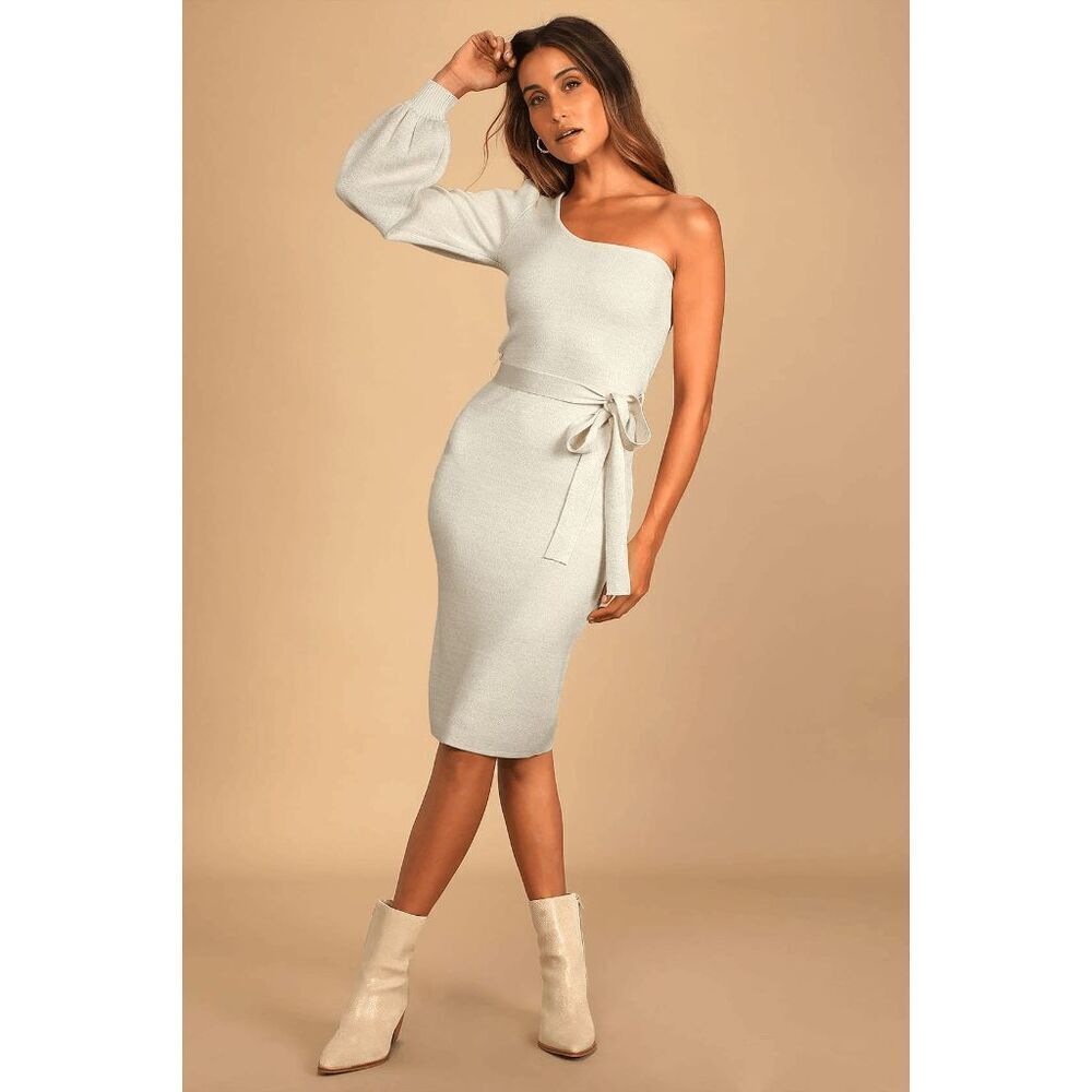 NWT Lulus Cozy Glam Ivory Metallic One-Shoulder Sweater Dress Women's XS